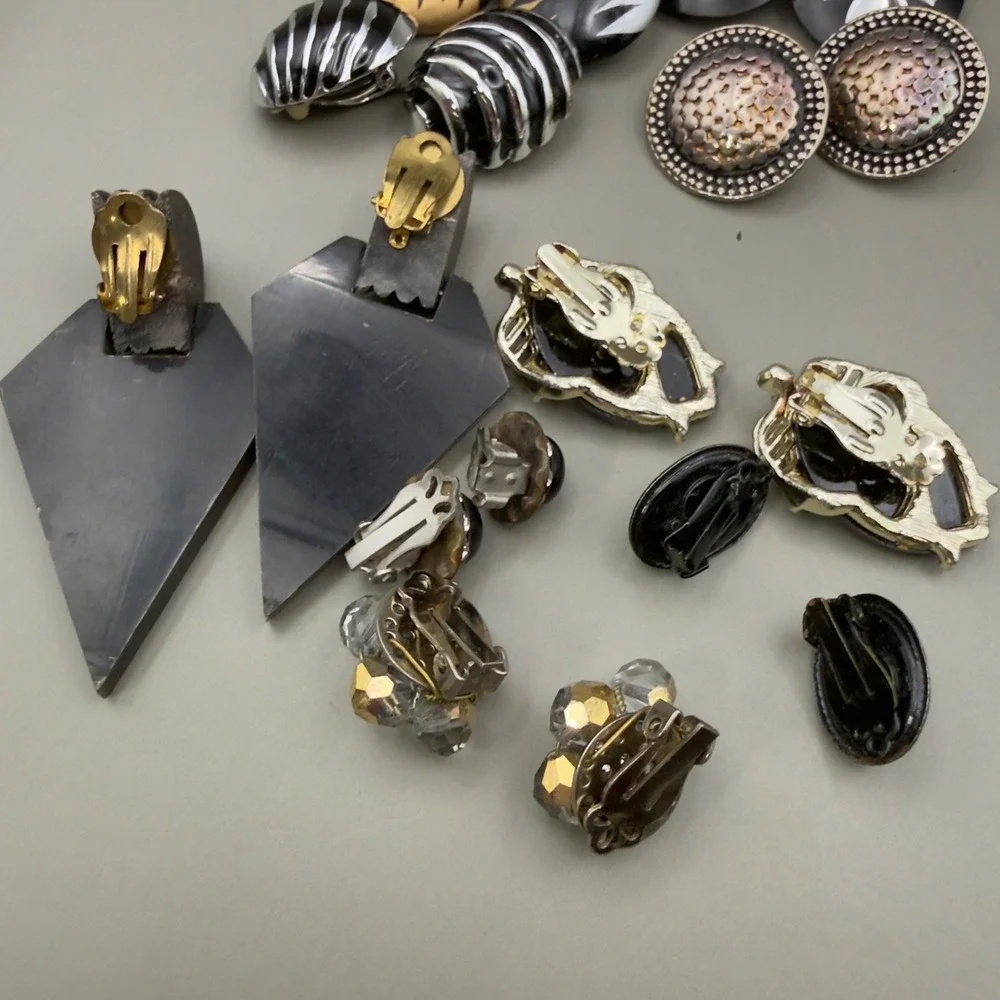 Vintage Clip On Earring Lot 13 Pairs 80s 90s Retro Geometric Pearl Beaded Black